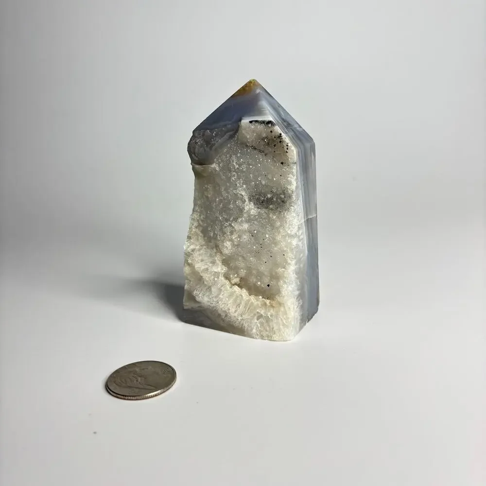 Polished Blue Grey Agate Crystal Tower with Druzy Quartz
